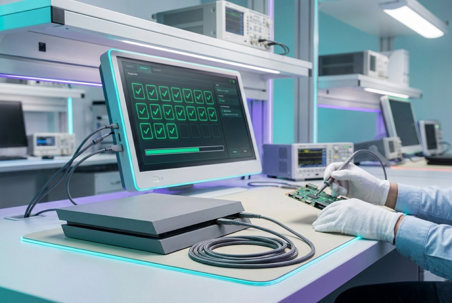A pre-owned console on the Playloot diagnostics bench passing a full multi-point test